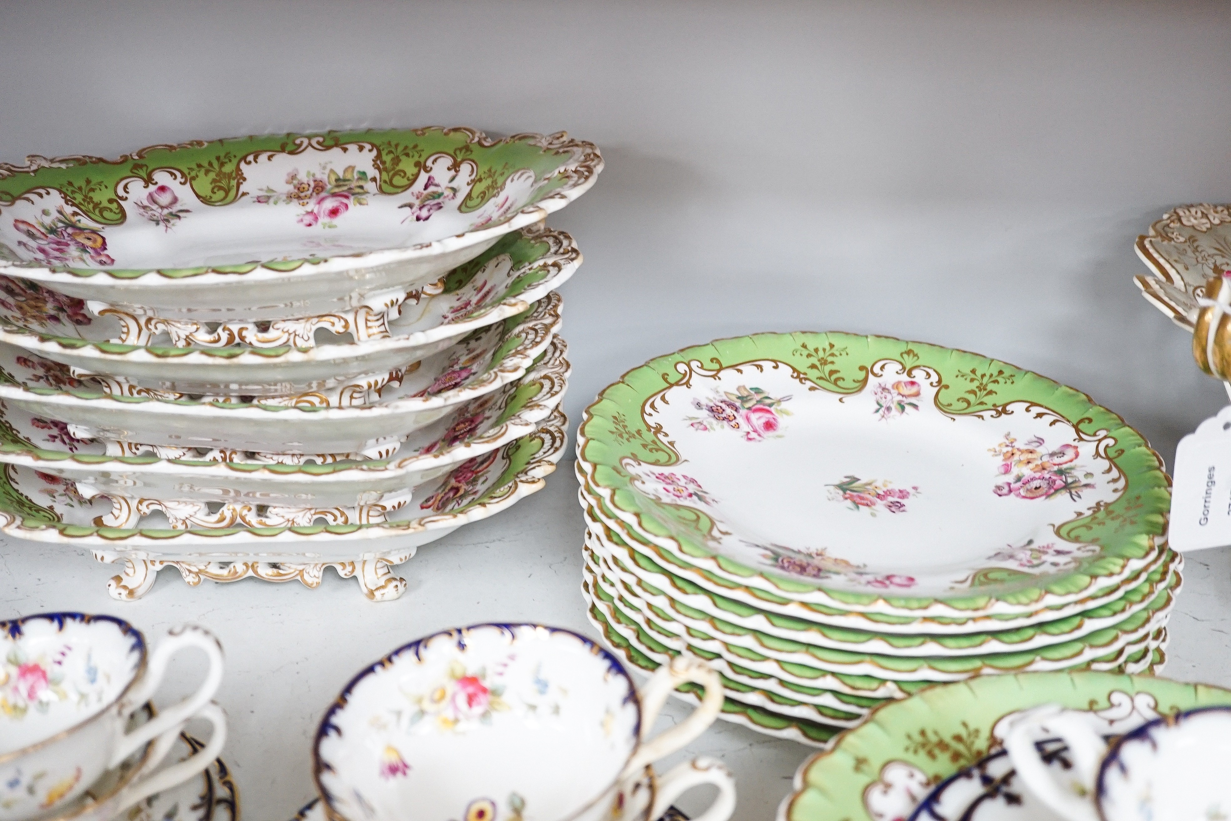 A Copeland and Garrett porcelain part dessert service, a Ridgway type porcelain part desert service and a Cauldon part tea set